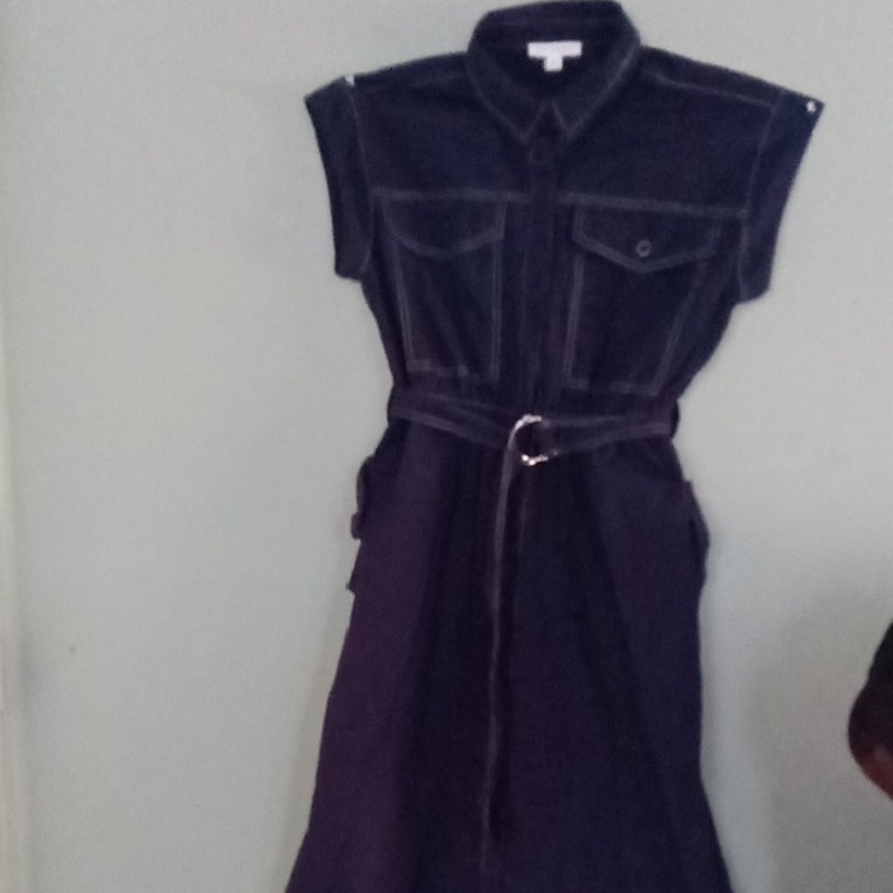 Elegant Dark Navy Blue Denim Midi Dress